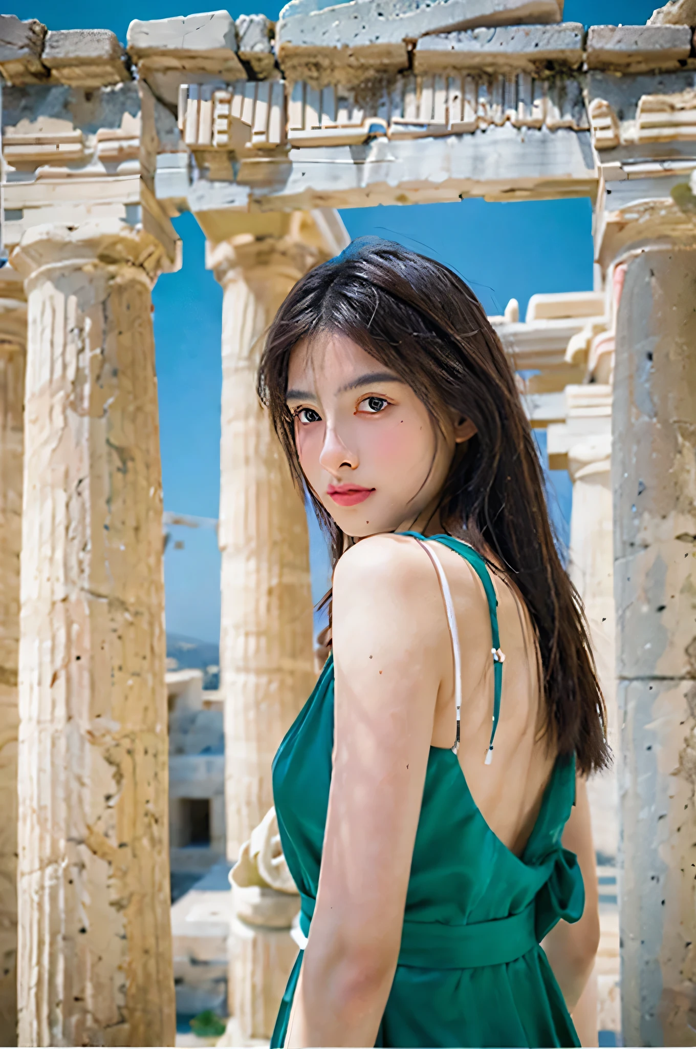 greek beautiful woman at greek temple, toga and laurel wreath