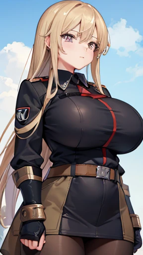 A girl who wears military clothes, brown heirs, gigantic breasts, anime cartoon, german third reich, long heirs,((highest quality)), ((masterpiece)),details, bleu eyes