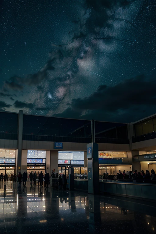 Left half: A starry night sky, representing dreams. Could have an ethereal feel with soft clouds and shining stars, creating a dreamlike atmosphere.
Right half: The interior of the airport, full of bright lights, announcements in several languages and people rushing, representing reality and everyday activity.