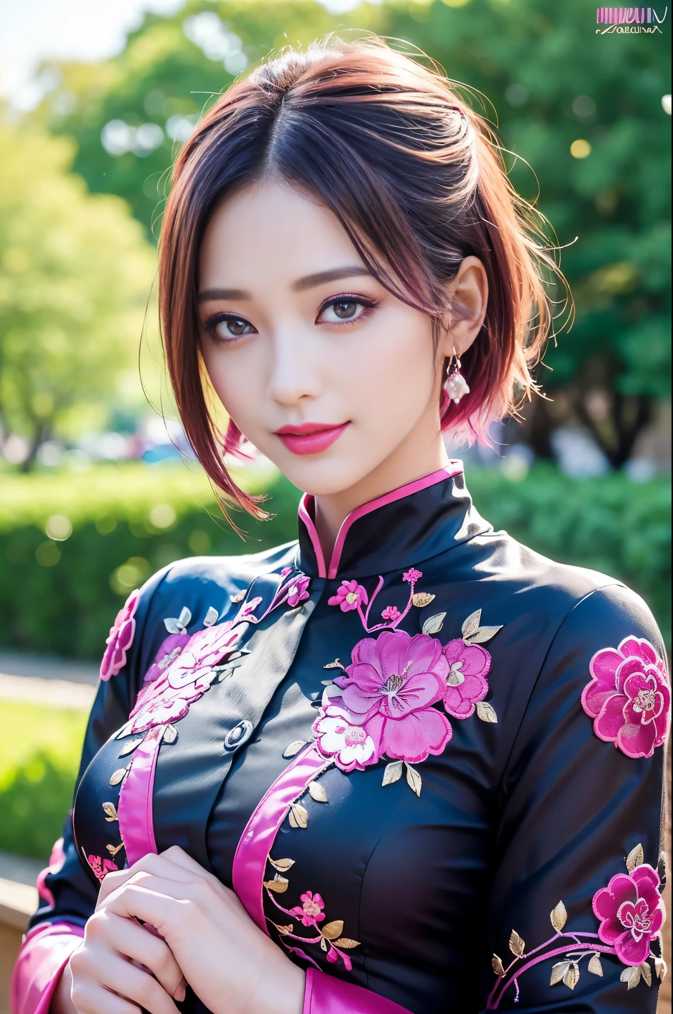 (masterpiece:1.4), (best quality:1.4), ultra high res, ultra high resolution, ((detailed facial features)), HDR, (realistic, photorealistic, photo-realistic:1.37), full body Esbian, sexy Japanese model, (-anime), only 1 model, vivid colors, ((vivid colors multicolor (fuchsia, pink, light blue, purple) very short hair)), ((smiling face)), lip-gloss, long lashes, beautiful makeup, defined eyebrows, wearing a red silk Paradise Kiss cosplay dress with black floral embroidery, ((vivid colors outfit)), vivid colors, look at the camera, cinematic light, large park background with trees, sweet and sexy pose