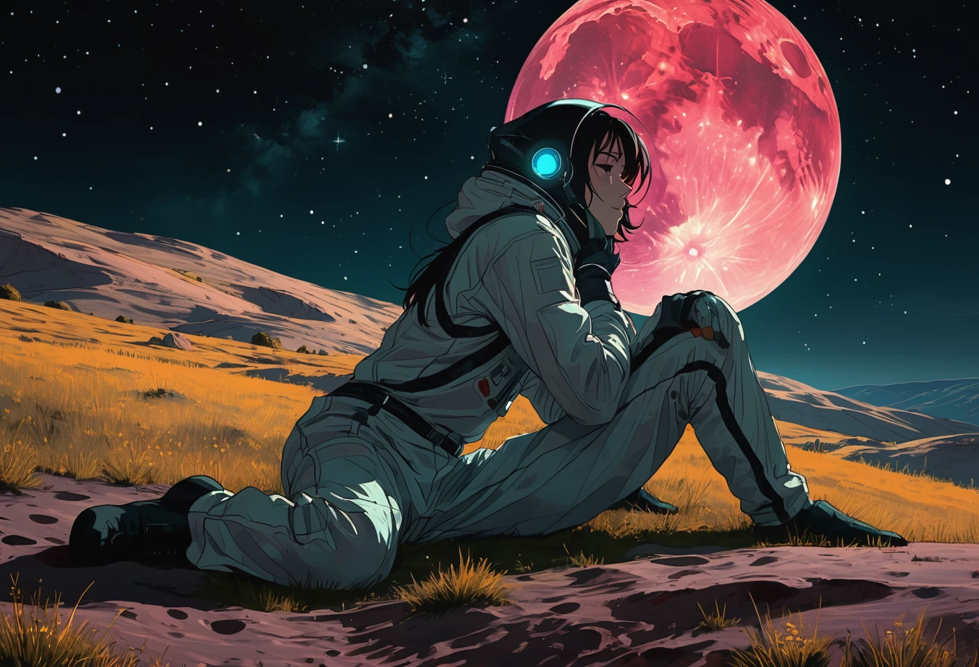 impactful color paint of A stargazer lying on a moonlit hill, contemplating the vastness of the universe highly detailed, vibrant colors , 8k, sharp, professional, clear, high contrast, high saturated, , vivid deep blacks, crystal clear