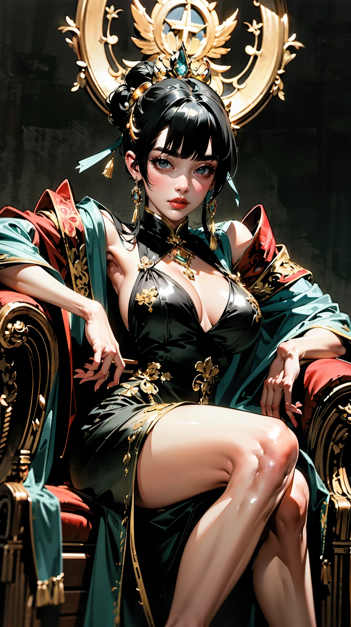 { "prompt": "Empress Xian Li, the Eternal Crescent, a highly detailed illustration in a 4K resolution. She is depicted with fair, flawless skin and long, straight raven-black hair styled in an intricate updo adorned with an elaborate crown made of gold and precious jewels. Her piercing cold gray eyes and deep red lips provide a stark contrast to her pale complexion. Xian Li wears resplendent imperial robes made from the finest silks, in shades of deep red, black, and gold, with intricate embroidery and delicate lace. The robes feature symbols of the crescent moon, dragons, and phoenixes. The background includes elements of the imperial palace, with grand pillars, opulent tapestries, and a majestic throne, emphasizing her divine authority and the grandeur of her reign. She has a serene and emotionless expression, highlighting her royal status and ethereal beauty.", "size": "1024x1792" }