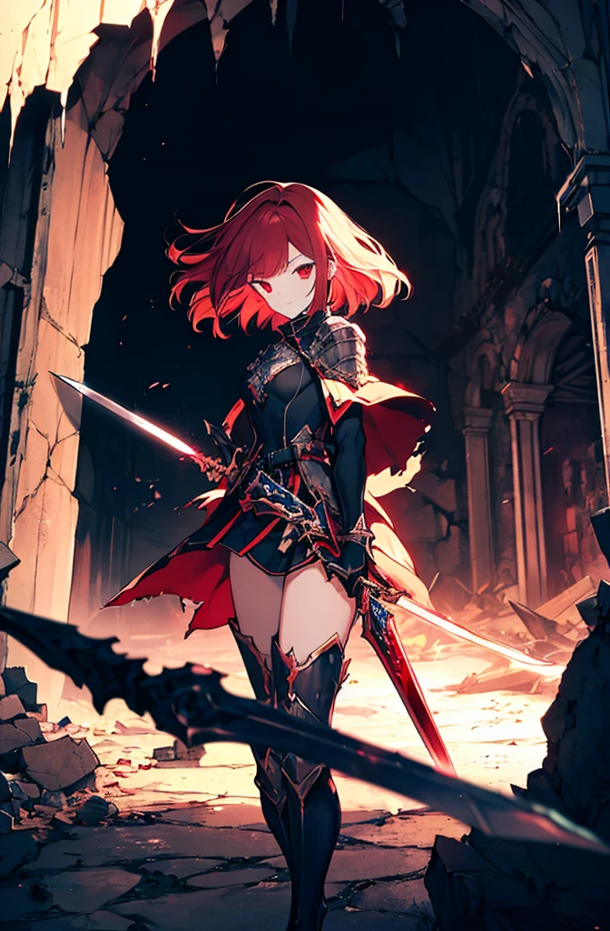 4k,hight resolution,One Woman,Bright red hair,Longhaire,red eyes,knights,white sacred armor,jewel decorations,Big sword,medieval town,furious,((dark cave,ruin place)),((near the crystale)),