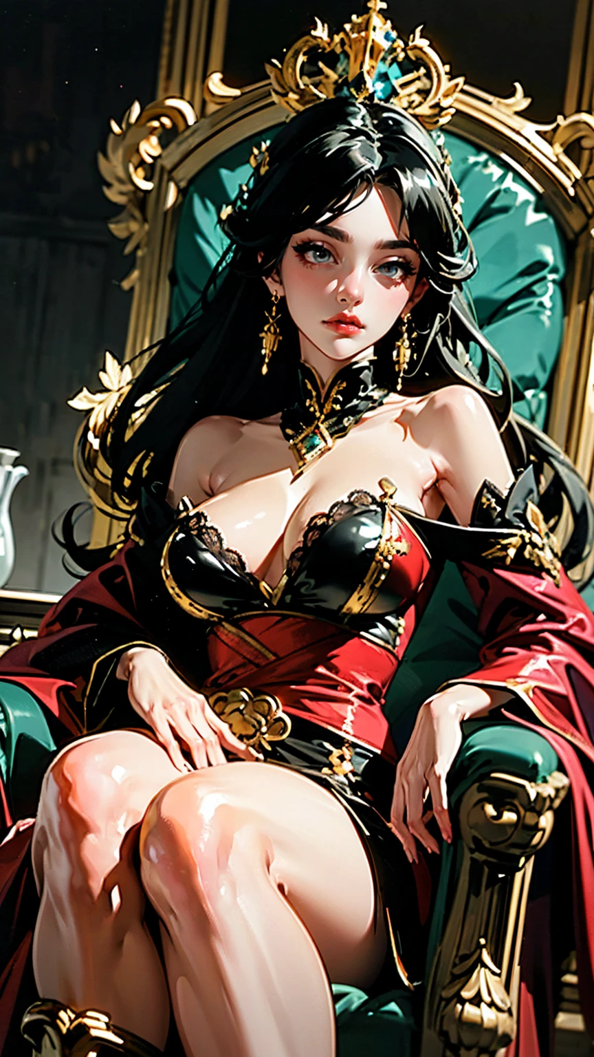 { "prompt": "Empress Xian Li, the Eternal Crescent, a highly detailed illustration in a 4K resolution. She is depicted with fair, flawless skin and long, straight raven-black hair styled in an intricate updo adorned with an elaborate crown made of gold and precious jewels. Her piercing cold gray eyes and deep red lips provide a stark contrast to her pale complexion. Xian Li wears resplendent imperial robes made from the finest silks, in shades of deep red, black, and gold, with intricate embroidery and delicate lace. The robes feature symbols of the crescent moon, dragons, and phoenixes. The background includes elements of the imperial palace, with grand pillars, opulent tapestries, and a majestic throne, emphasizing her divine authority and the grandeur of her reign. She has a serene and emotionless expression, highlighting her royal status and ethereal beauty.", "size": "1024x1792" }