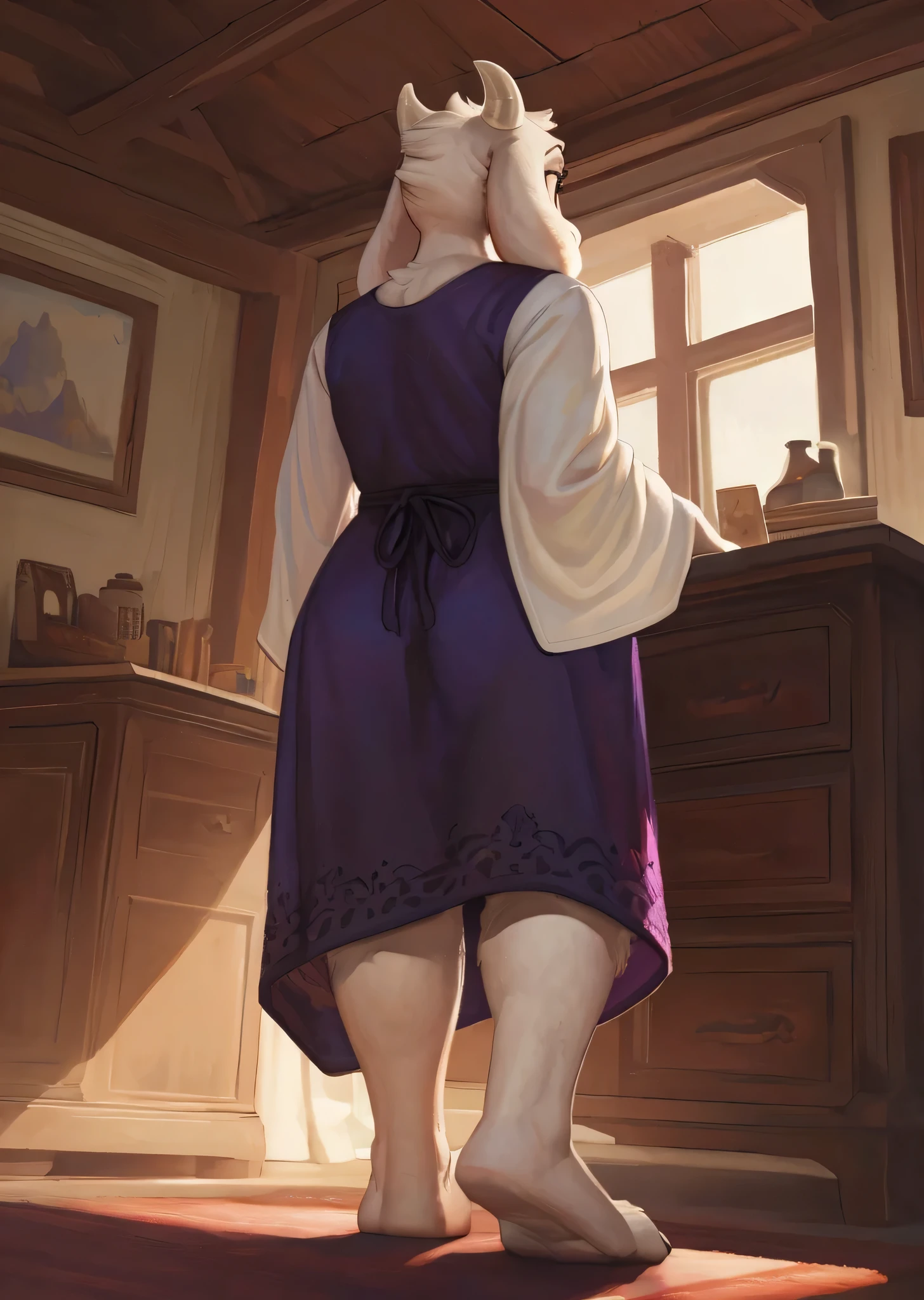 [toriel], [Undertale], [Uploaded to e621.net; (Pixelsketcher), (wamudraws), (woolrool)], ((masterpiece)), ((HD)), ((high red)), ((solo portrait)), ((low angle view)), ((back view)), ((waist up)), ((detailed fur)), ((detailed shading)), ((beautiful render art)), ((intricate details)), {anthro goat, plump figure, white fur, white nose, (cute maroon eyes), (short eyelashes), (short goat horns), short fluffy tail, (curvy hips), (beautiful legs), (beautiful feet), (black expression)}, {(long purple dress), (long white sleeves)}, {(standing), (unaware of viewer), (looking away)}, [ambient lighting, bedroom, lamp table, light rays]