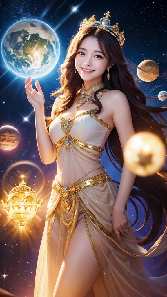 high resolution、gorgeous、goddess、smile、crown、The background is space、shine、front、spirit