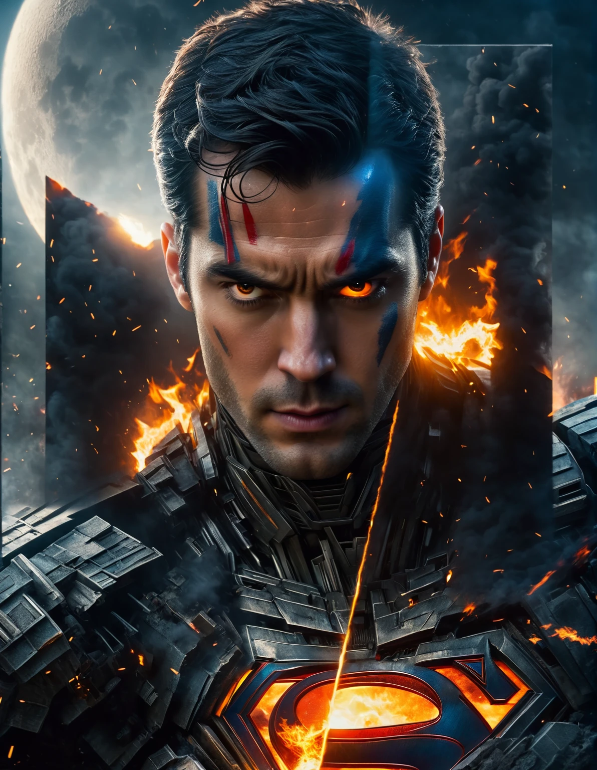 a close up of a superman is mad in front of a fire, transformers cinematic universe, wojtek fus, hq 4k wallpaper, transformers : the last knight, in the movie transformers, thertrevkaiser, Henry Cavill as superman, artstation masterpiece, super robot, superman fused with optimus prime, japanese dc live-action movie, hd wallpaper, inspired by Zack Snyder, Night sky with a huge and beautiful full moon, estrelas brilhando, 8k,