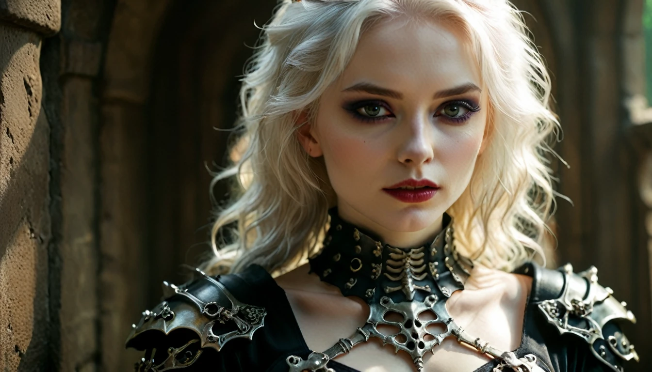 (Cinematic Frame: Realistic, Fine Drawing, Lots of Details) (((ultra realistic))) Photo, masterpiece, top quality, (pale skin), (Ultra detailed face and eyes), 1 girl, Adult, woman, dark fantasy, horror, evil, death, dramatic, lighting, shading, dungeon, ((necromancer, mage, goth, white hair:1'3)) ((detailed face, eyes, cleavage, waist, black gown:1.1)) ((skeleton armor, bone armor, pale skin:1.2)), (Natural breasts). (Soft Lighting), (The play of light and shadows), depth of field, bokeh, (special attention to skin detail: 1.2), Detailed leather texture, detailed skin pores. (Erotic atmosphere of the frame. Color range - midnight black, ox blood red, toxic green and Grape purple tones), UDR, ((Film grain)), ((rays)), (Glare), ((full body portrait:1.2)) , ultra detailed. random00d The composition of this artwork is truly remarkable, (fine lines and delicate pastel tones reminiscent of a watercolor painting:1.1). Every intricate detail is painstakingly captured, showcasing the artist's mastery in creating a hyperdetailed and realistic portrayal. EdobHorrorLandscape, Movie Still, Film Still, Cinematic, Cinematic Shot, Cinematic Lighting.
