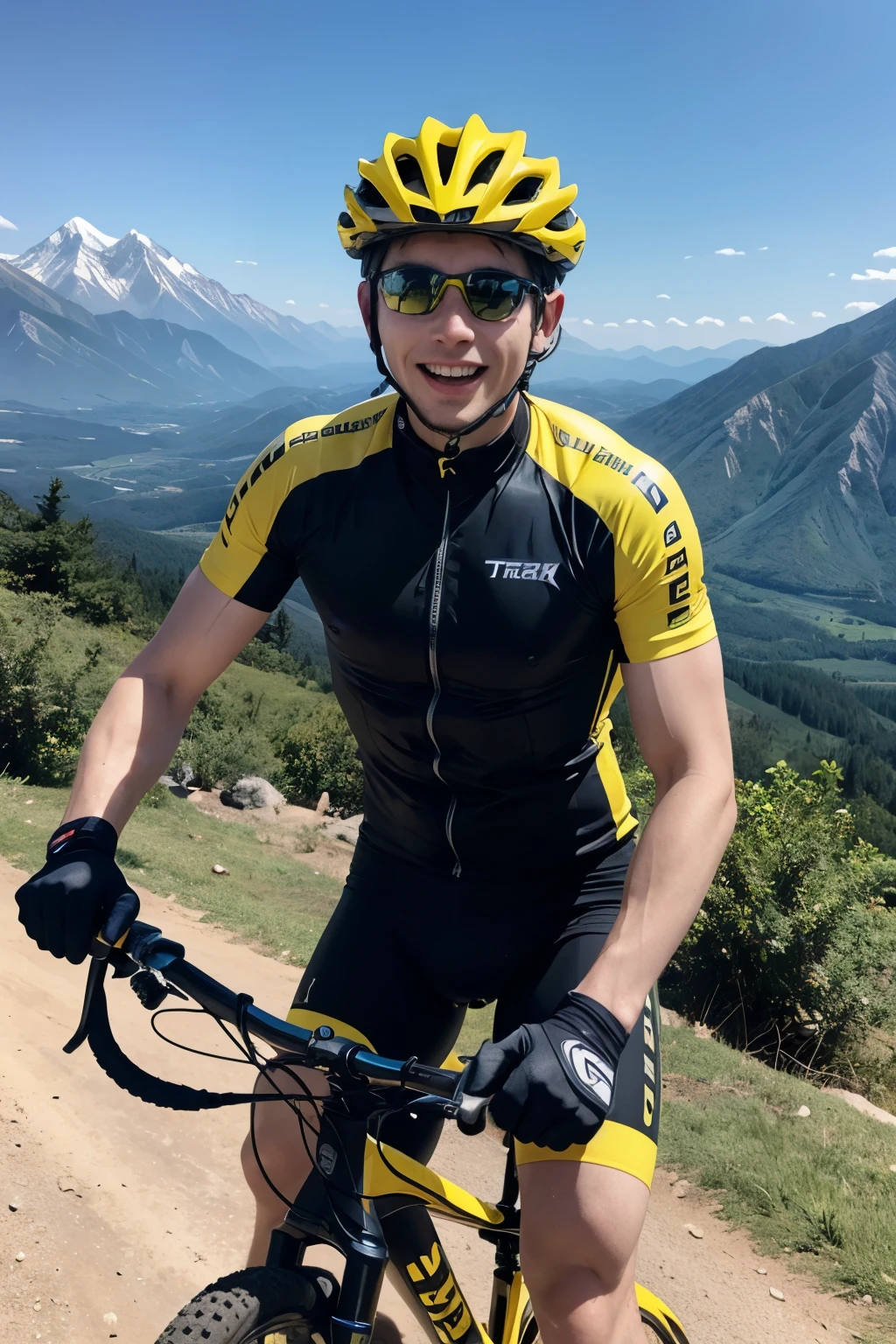 robust man, with cycling suit, riding trek brand mountain bike,the bike is a yellow one, ride the bike in the mountain, look happy