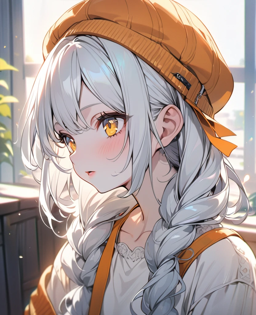 anime girl, white hair, yellow eyes, pale skin , fine and delicate features, pretty and casual clothes, cute, ultra detailed, high quality, vibrant colors,