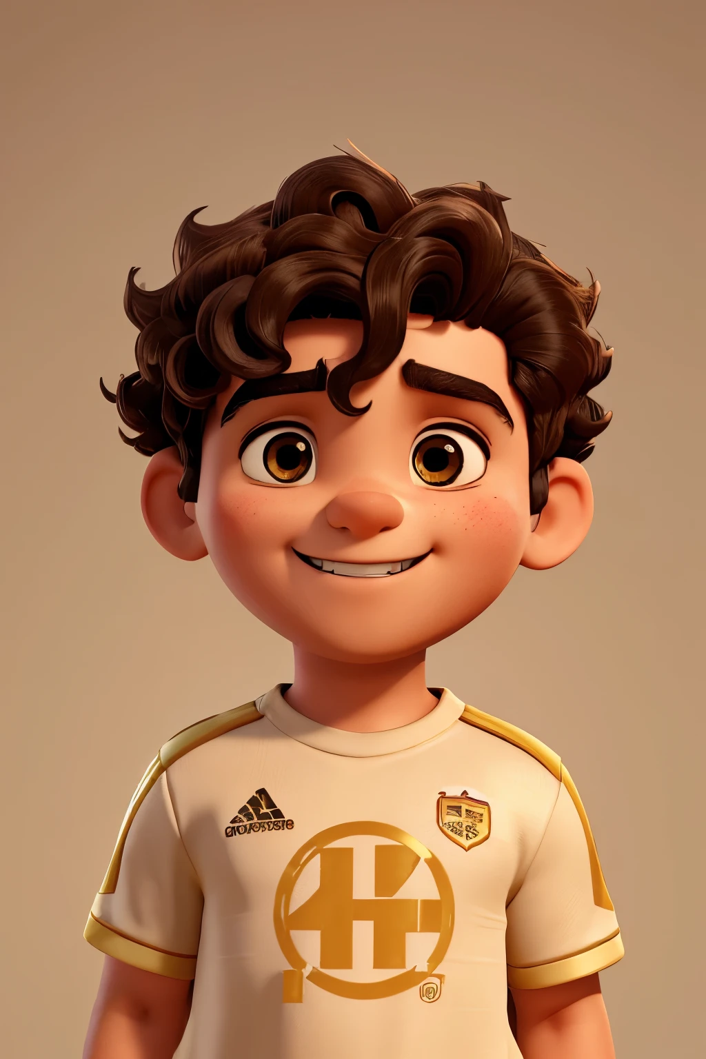3D portrait style image showing a slightly chubby  boy with dark curly hair and fair skin, smiling at the camera. He is wearing a light beige football shirt with black and gold trim.. The shirt has a logo on the left chest, which includes a shield with a football and the text &#39;Tigers&#39; in black and gold. In the right region of the chest. The center of the shirt has the text &#39;Tigres de Cristo Football School&#39; in orange. The background consists of a repeating pattern of a logo with a circular design in gray and white.