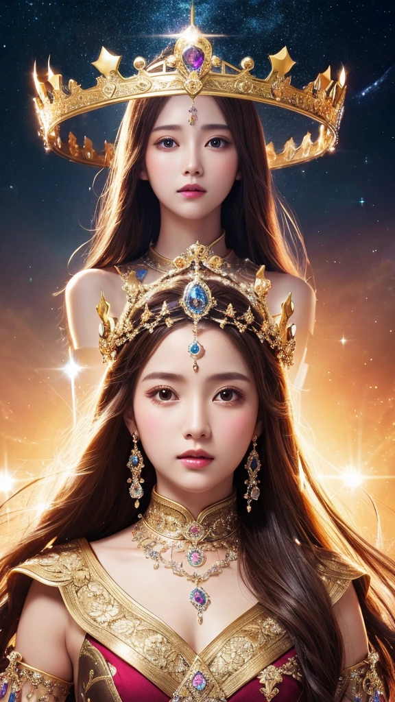 high resolution、gorgeous、goddess、crown、The background is space、shine、front、