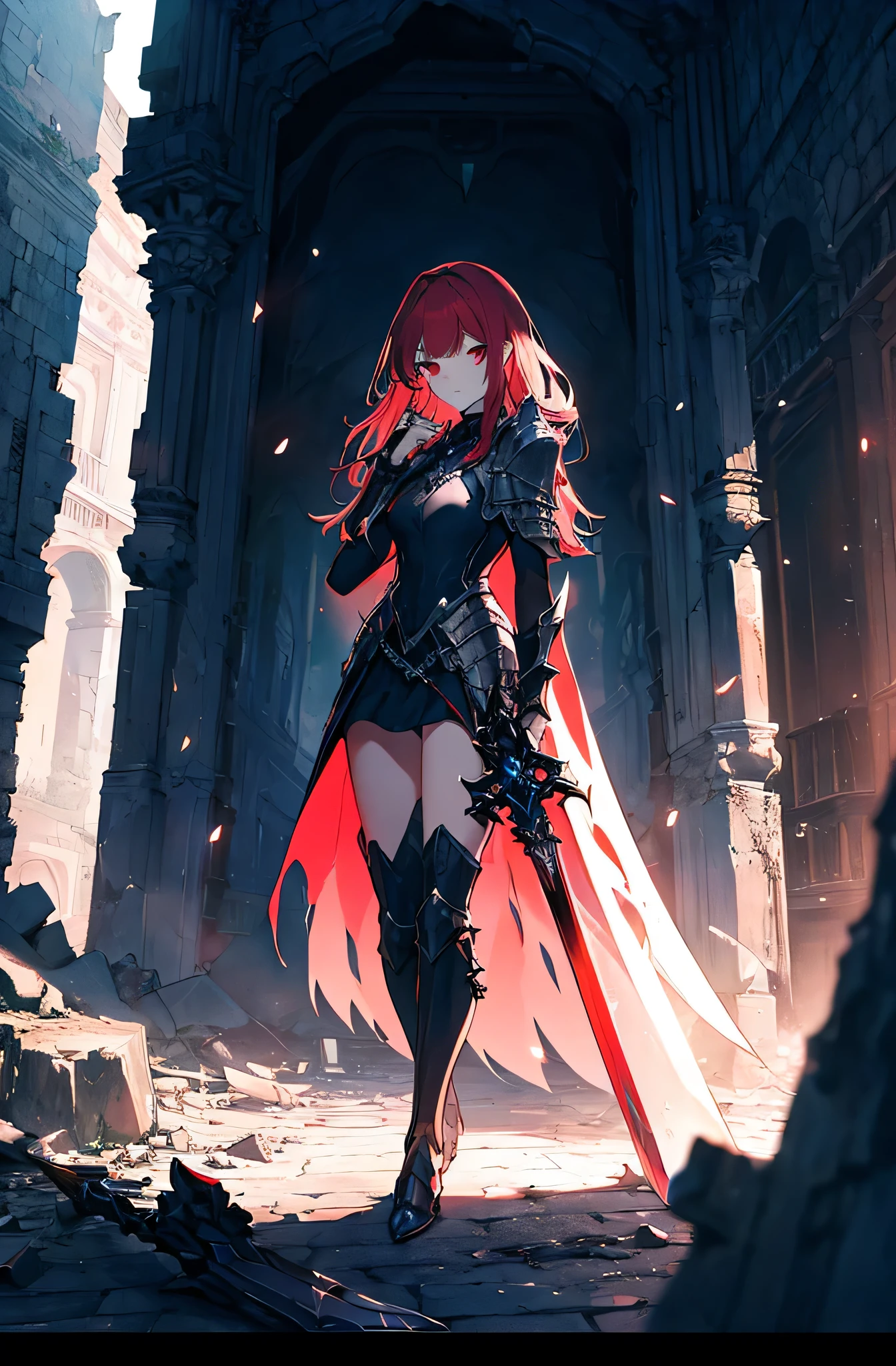 4k,hight resolution,One Woman,Bright red hair,Longhaire,red eyes,knights,white sacred armor,jewel decorations,Big sword,medieval town,furious,((dark cave,ruin place)),((near the crystale)),