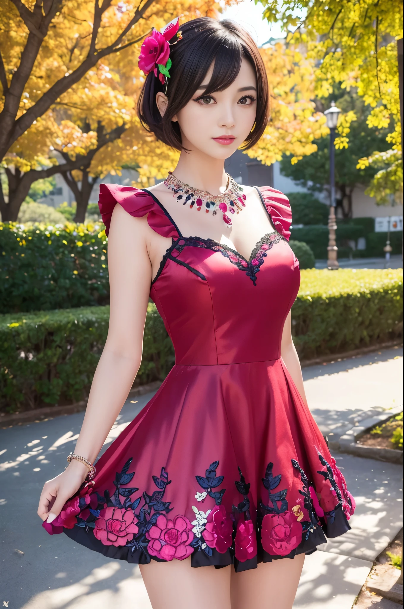 (masterpiece:1.4), (best quality:1.4), ultra high res, ultra high resolution, ((detailed facial features)), HDR, (realistic, photorealistic, photo-realistic:1.37), full body Esbian, sexy Japanese model, (-anime), vivid colors, ((vivid colors multicolor (red, fuchsia) very short hair)), (happy smile), lip-gloss, long lashes, beautiful makeup, defined eyebrows, wearing large sparkling colorful jewelery, wearing a red silk Paradise Kiss cosplay dress with black floral embroidery, ((vivid colors outfit)), vivid colors, look at the camera, cinematic light, large park background with trees, sweet and sexy pose