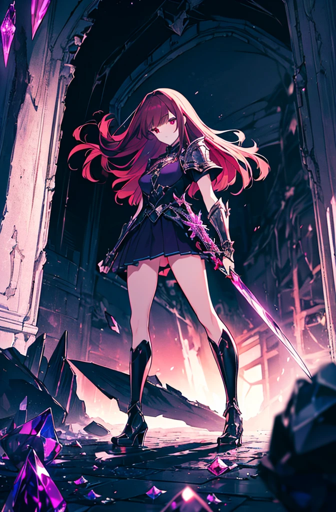 4k,hight resolution,One Woman,Bright red hair,Longhaire,red eyes,knights,white sacred armor,jewel decorations,Big sword,medieval town,furious,((dark cave,ruin place)),((purple crystal)),((purple crystal)),((purple crystal)),((purple crystal)),