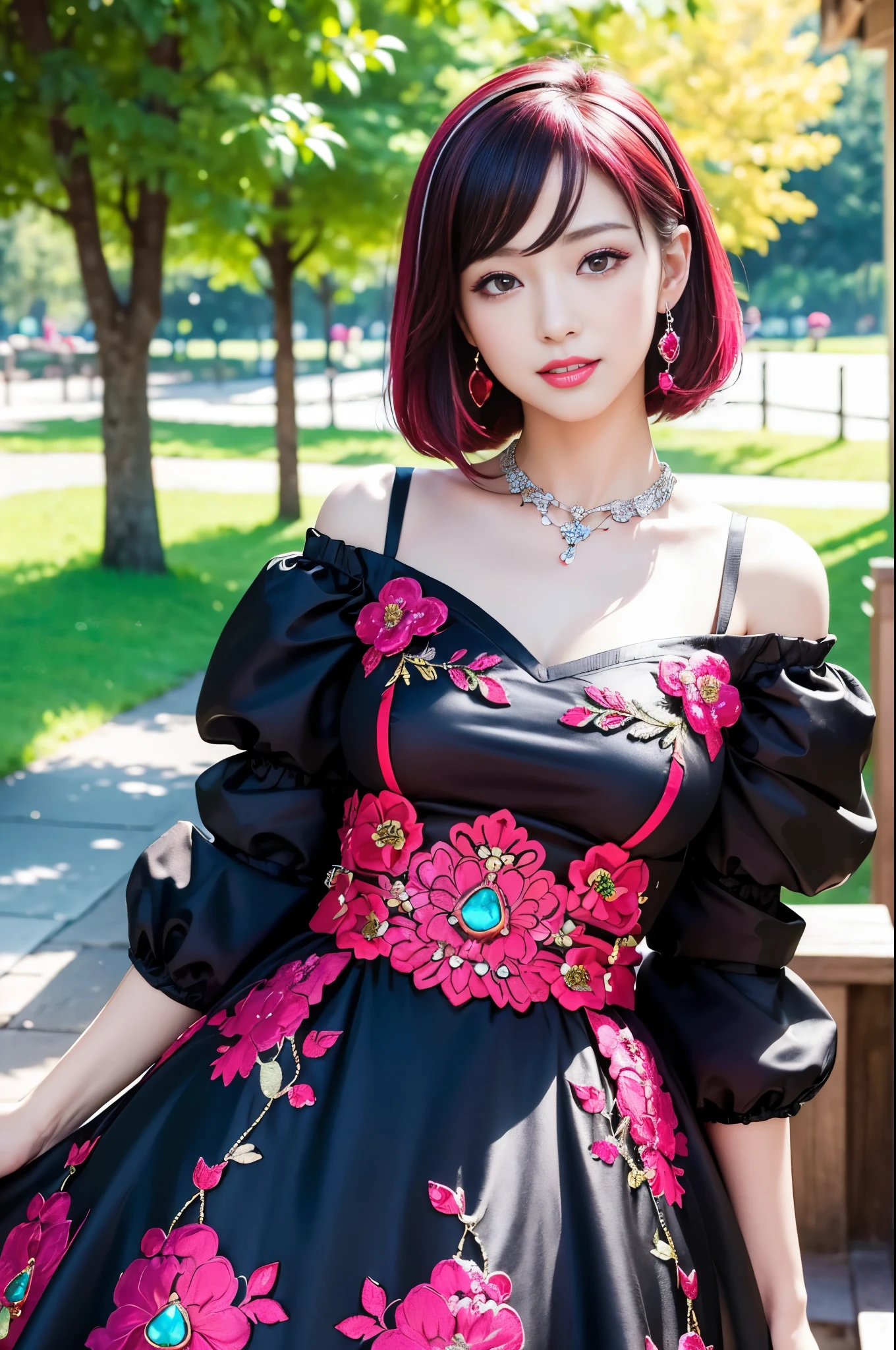 (masterpiece:1.4), (best quality:1.4), ultra high res, ultra high resolution, ((detailed facial features)), HDR, (realistic, photorealistic, photo-realistic:1.37), full body Esbian, sexy Japanese model, (-anime), vivid colors, ((vivid colors multicolor (red, fuchsia) very short hair)), (happy smile), lip-gloss, long lashes, beautiful makeup, defined eyebrows, wearing large sparkling colorful jewelery, wearing a red silk Paradise Kiss cosplay dress with black floral embroidery, ((vivid colors outfit)), vivid colors, look at the camera, cinematic light, large park background with trees, sweet and sexy pose