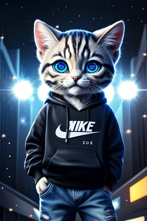 (Highest quality、masterpiece、8k))、Anatomically correct、Very detailed、High resolution、Realistic、((Beautiful, sparkling, detailed eyes))、Intricate details、Cinematic lighting、((Dynamic composition))、Kitten in a black and white hoodie、Nike Caps、hip hop、Distressed jeans、4 heads、congestion、Big head