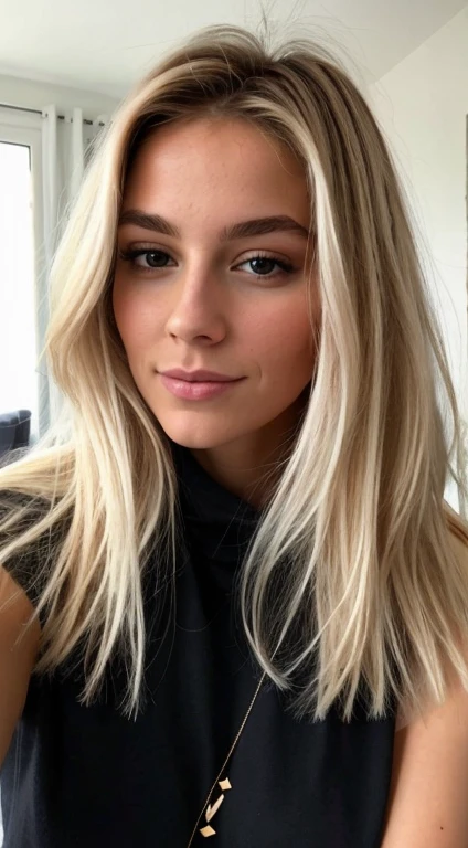 Une femme blonde foncée de 23 ans, ((hyperréalisme)) ,. cheveux blond foncé avec des racines châtain clair. cheveux blond, Cheveux aux racines brunes, cheveux très longs, cheveux très longs, cheveux très longs, Beau, vue de face, selfie, sweat, Coupe-bas, Haute qualité, clivage