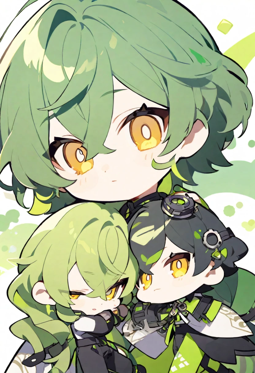 chibi character. Boy. Long green hair. Yellow eyes. Green colours. 