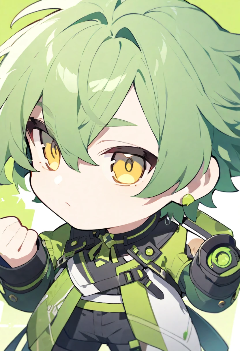 chibi character. Boy. Long green hair. Yellow eyes. Green colours. 