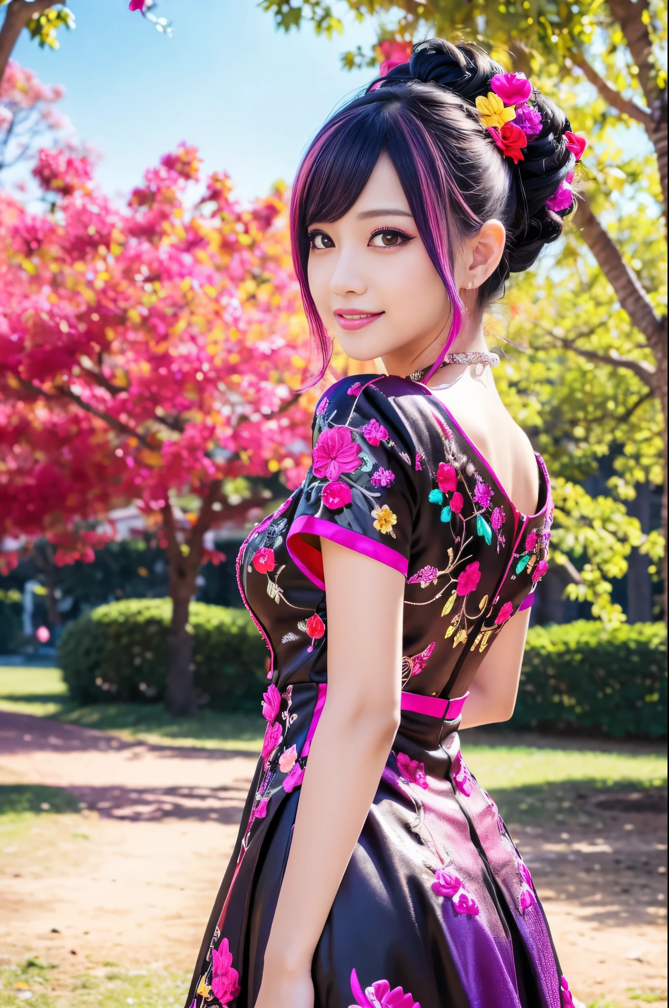 (masterpiece:1.4), (best quality:1.4), ultra high res, ultra high resolution, ((detailed facial features)), HDR, (realistic, photorealistic, photo-realistic:1.37), full body Esbian, sexy Thai model, (-anime), vivid colors, ((vivid colors multicolor (pink, fuchsia, purple) very short hair)), (happy smile), lip-gloss, long lashes, ultra detailed metallic makeup, defined eyebrows, wearing large sparkling colorful jewelery, wearing a red silk Paradise Kiss cosplay dress with black floral embroidery, ((vivid colors outfit)), vivid colors, look at the camera, cinematic light, large park background with trees, sweet and sexy pose