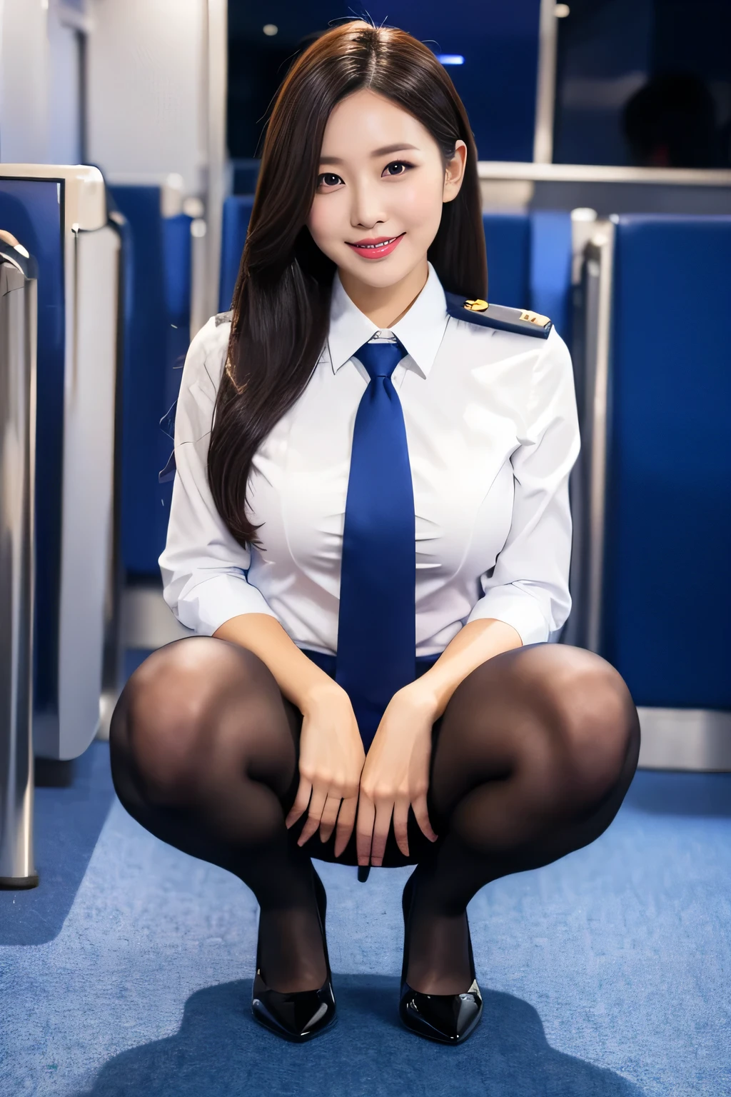Shiny flesh-colored pantyhose, squat, High heels, 28 years old, stewardess, Cabin attendant, Long Hair, smile, Full Body Tights