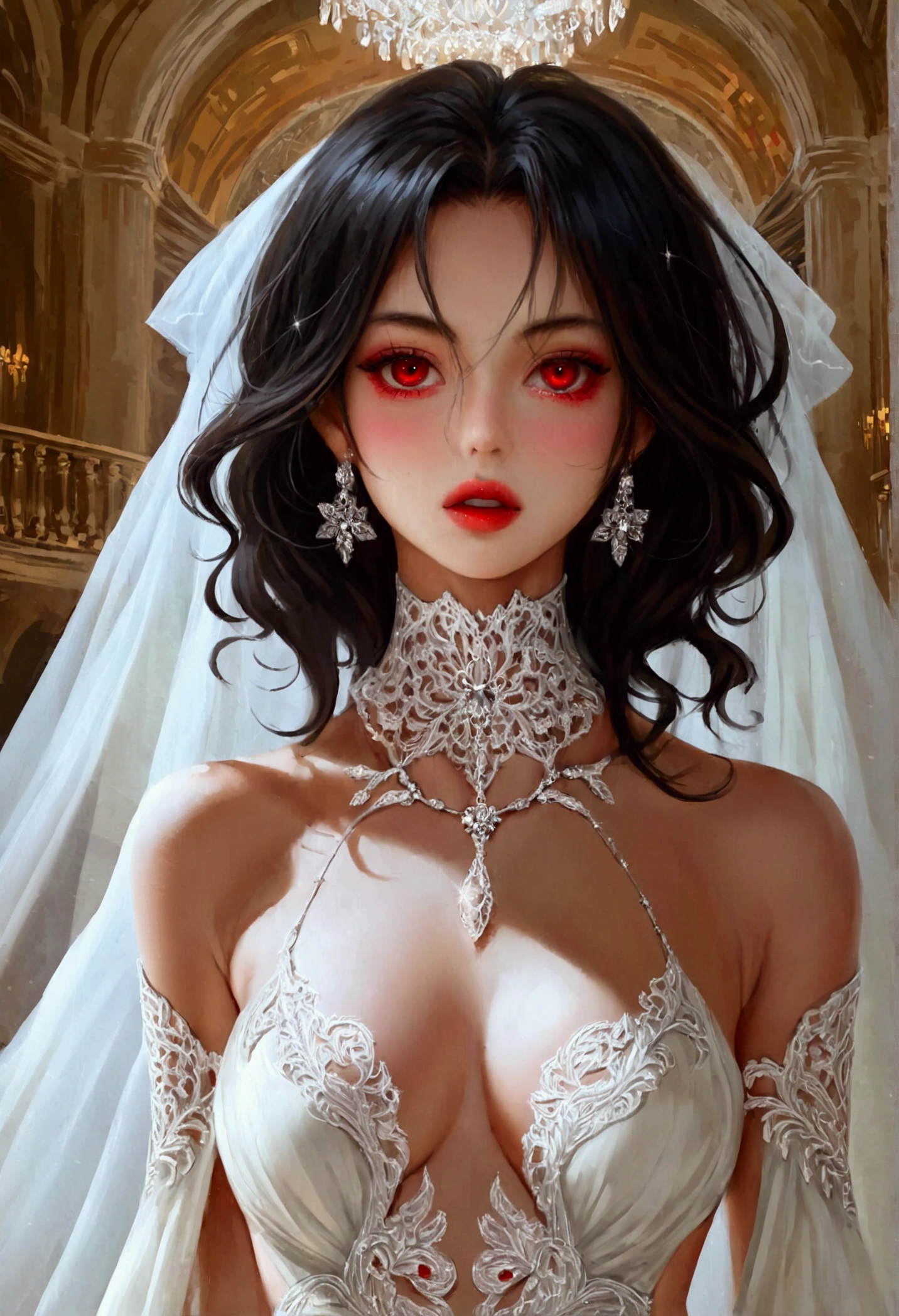 a glamour picture shot, of an elite fashion vampire model, walking on a (dark catwalk: 1.2), an extraordinary glamourous elite female vampire model, ((full body: 1.5)),  ((anatomically correct: 1.5), (ultra detailed face: 1.2), best detailed face, black hair, long hair, lush hair, glam hair cut, red eyes, delicate face, light make up, wearing intricate white detailed dress, glamour dress, haute couture dress, elite fashion dress, white dress, decorated with diamonds,  small cleavage, wearing high heels, elegant high heels, she wears diamond necklace, elite fashion show background, vibrant, Hyperrealism style, vibrant, Ultra-high resolution, High Contrast, (masterpiece:1.5), highest quality, Best aesthetics), best details, best quality, highres, ultra wide angle, 16k, [ultra detailed], masterpiece, best quality, (extremely detailed) RAW, chumbasket art style, rpg portrait, photograph, BloodSoakedAI, vampire teeth