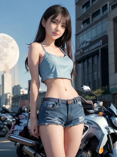 Japanese female, a lot of details, (underweight), detailed black hair, beautiful detailed hair, super fucking beautiful, delicate beautiful face, complex details beautiful and delicate eyes, perfect hands, (flat chest best quality:1.5), perfect and delicate limbs, detailed skin, best quality, ultra-detailed,(cheerful grin:1.5),
Full body shot, ((standing in front of super sport motorcycle:1.5)), dazzling cityscape, skyscrapers, neon signs, LED lights, (camisole, bare shoulders, cleavage, crop top, cutoffs, denim shorts, midriff, short shorts, spaghetti strap), low angle shot, intense wide shot, (moonlight:1.2), wide-angle lens, in focus with blurred background