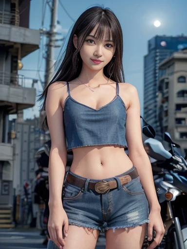 Japanese female, a lot of details, (underweight), detailed black hair, beautiful detailed hair, super fucking beautiful, delicate beautiful face, complex details beautiful and delicate eyes, perfect hands, (flat chest best quality:1.5), perfect and delicate limbs, detailed skin, best quality, ultra-detailed,(cheerful grin:1.5),
Full body shot, ((standing in front of super sport motorcycle:1.5)), dazzling cityscape, skyscrapers, neon signs, LED lights, (camisole, bare shoulders, cleavage, crop top, cutoffs, denim shorts, midriff, short shorts, spaghetti strap), low angle shot, intense wide shot, (moonlight:1.2), wide-angle lens, in focus with blurred background