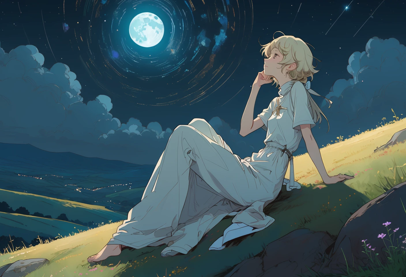 NijiEx style anime artwork of a stargazer lying on a moonlit hill, contemplating the vastness of the universe highly detailed.