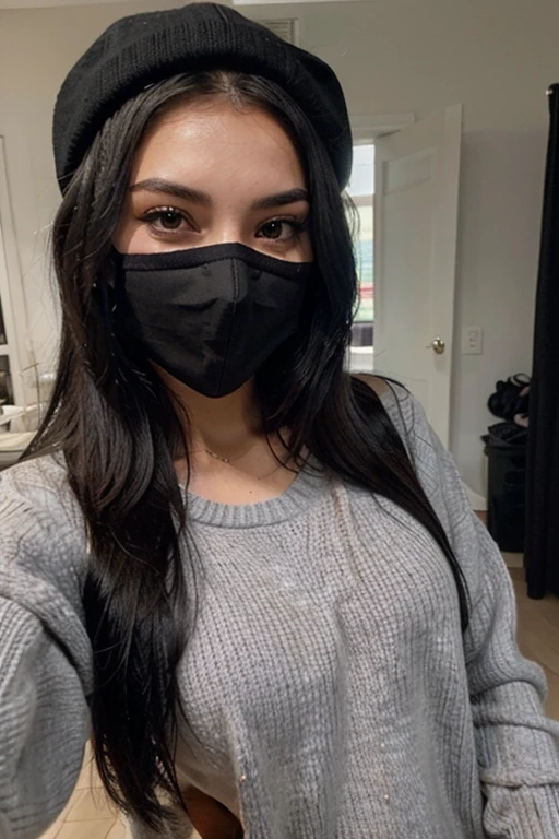 Sexy girl with long black hair taking a selfie in a black mask, a gray sweater and a black cap with a black outline