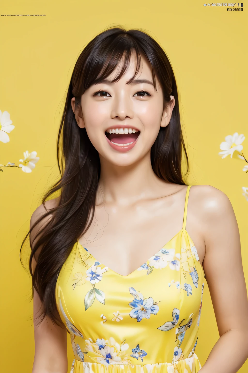 Medium display, Medium Shot, Written boundary depth, bust, Upper Body, Movie angle, masterpiece, Highest quality, Very detailed, CG, 8k wallpaper, Beautiful Face, Delicate eyes, Otome, alone, smile, (((((open mouth))))), Lemon yellow dress, LOL、Floral Background