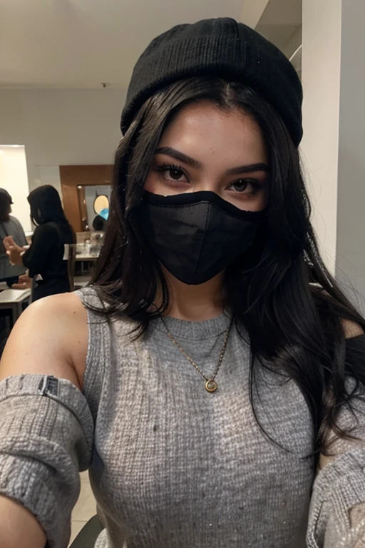 a teen indain girl taking a mirror selfie her hairs must come on her face her while she uses her second hand to adjust her hairs and also make sure that she is wearing black mask and a black crop top