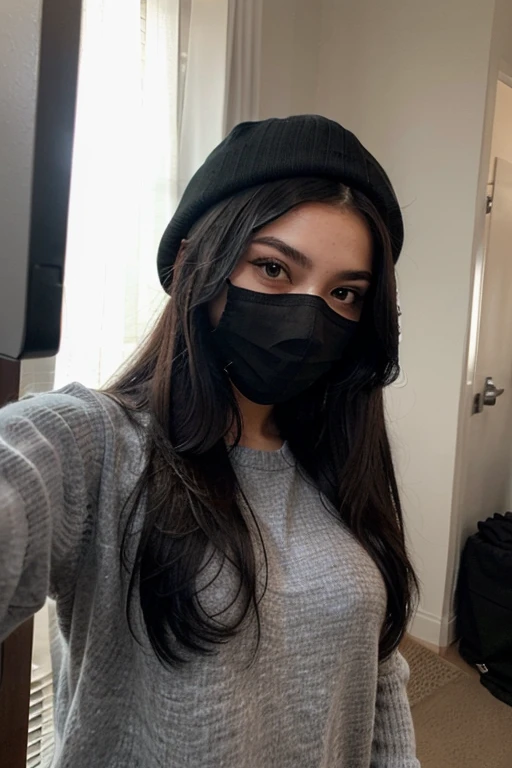 Sexy girl with long black hair taking a selfie in a black mask, a gray sweater and a black cap with a black outline
