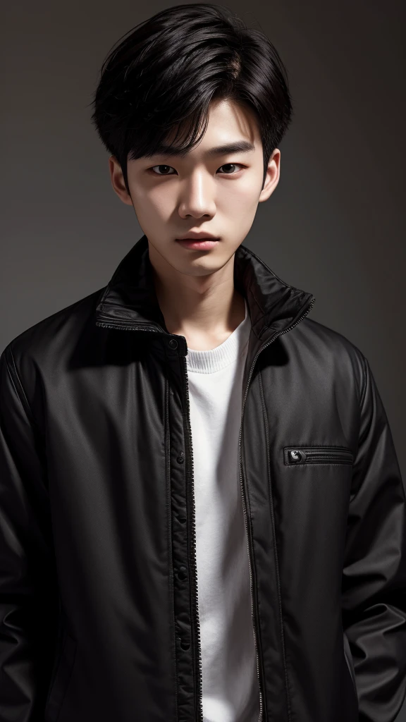 18 year old Korean MAN, pale skin, gorgeous face, is wearing a black jacket, super realistic image.