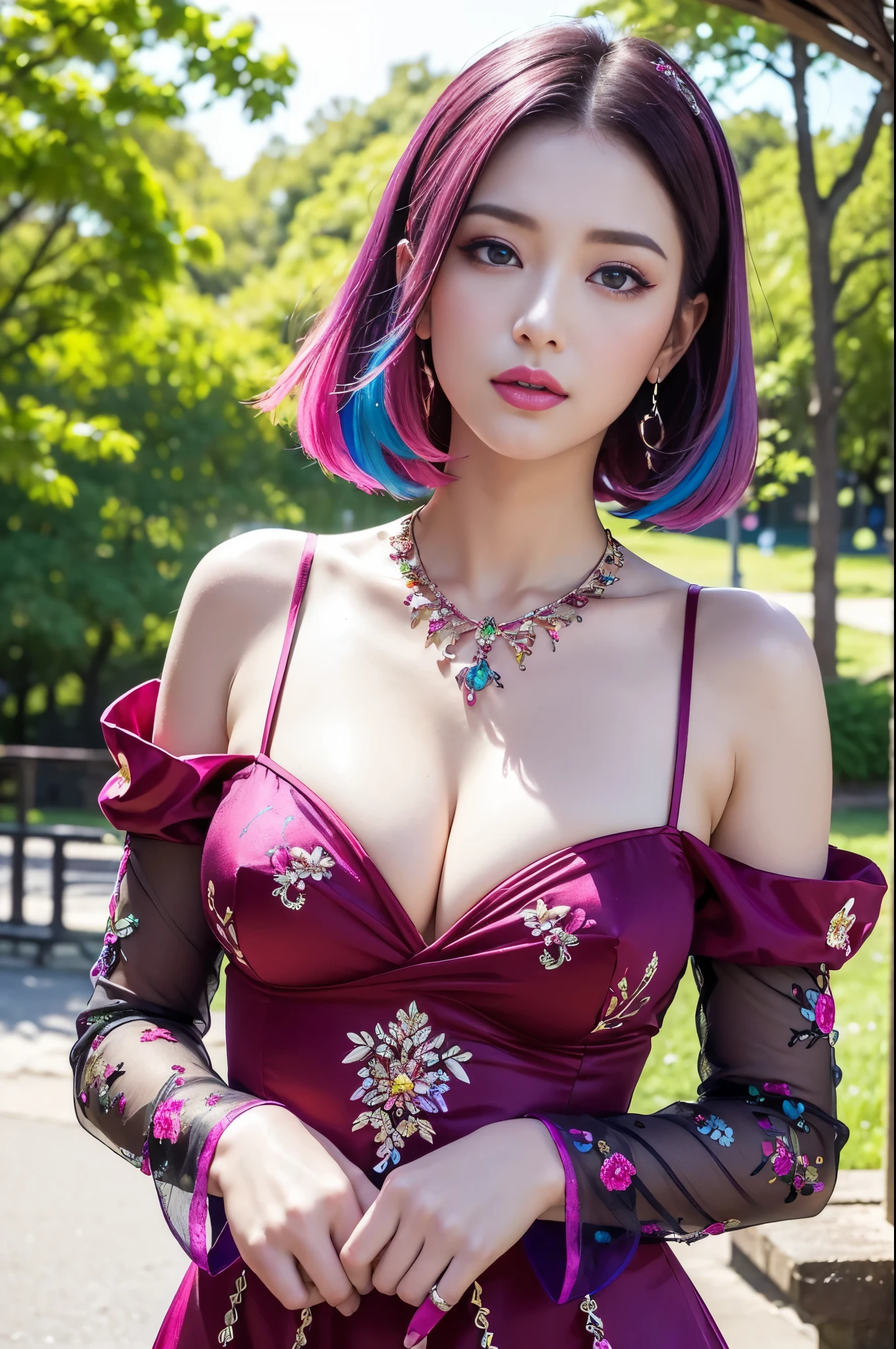 (masterpiece:1.4), (best quality:1.4), ultra high res, ultra high resolution, ((detailed facial features)), HDR, (realistic, photorealistic, photo-realistic:1.37), full body Esbian, sexy swedish model, (-anime), only 1 model, vivid colors, ((vivid colors multicolor (fuchsia, pink, light blue, purple) very short hair)), (seductive smile), lip-gloss, long lashes, defined eyebrows, wearing large sparkling colorful jewelery, wearing a red silk Paradise Kiss cosplay dress with black floral embroidery, ((vivid colors outfit)), vivid colors, look at the camera, cinematic light, large park background with trees, sweet and sexy pose