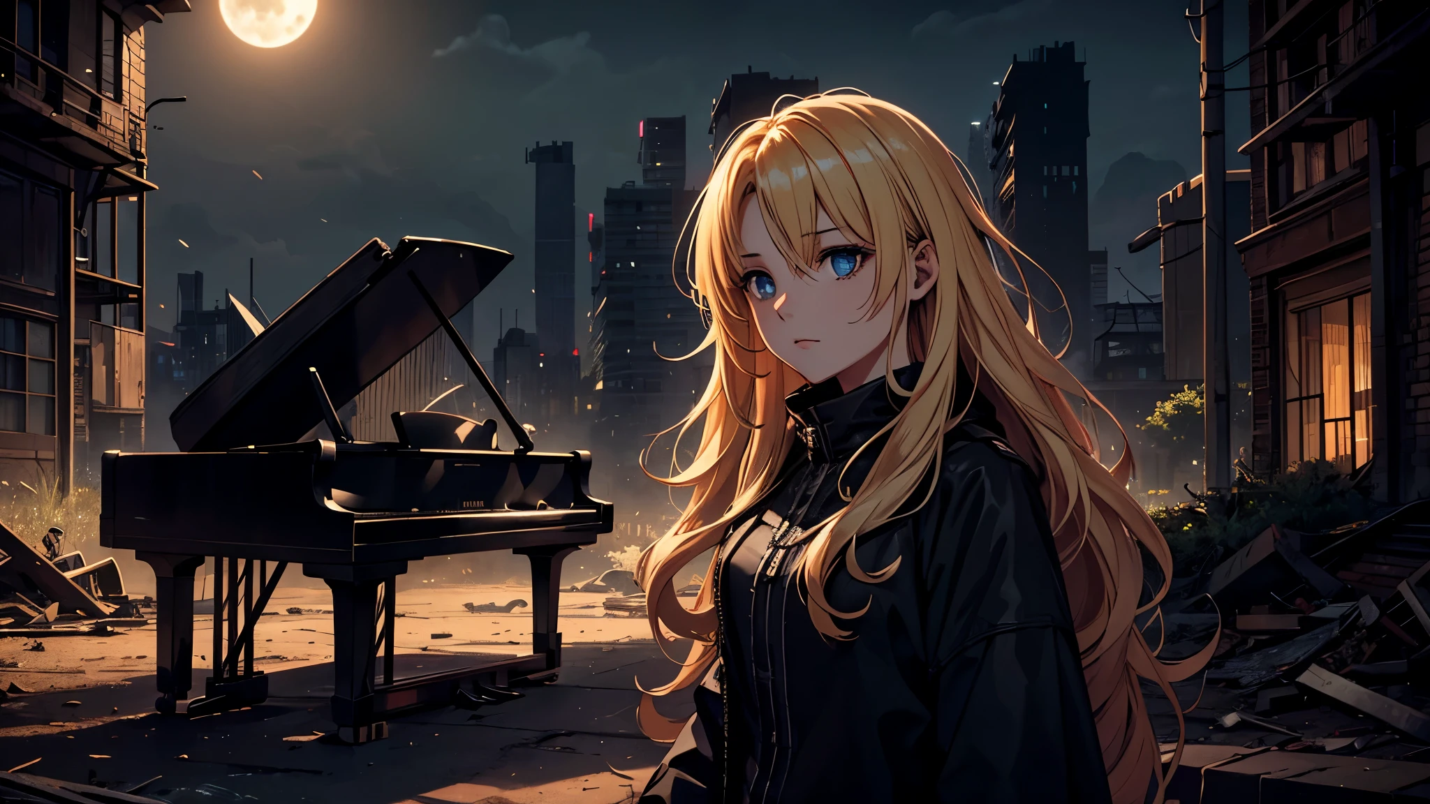 A 16-year-old blonde girl with long wavy hair, ((playing a black piano)) a post-apocalyptic setting. The scene is filled with ruins, and there are no cars present. Tall vegetation is scattered around, but it is not too high. The atmosphere is dark and chaotic, illuminated by moonlight with a dense fog adding to the dramatic ambiance. Her expression is tense, showing fear.
