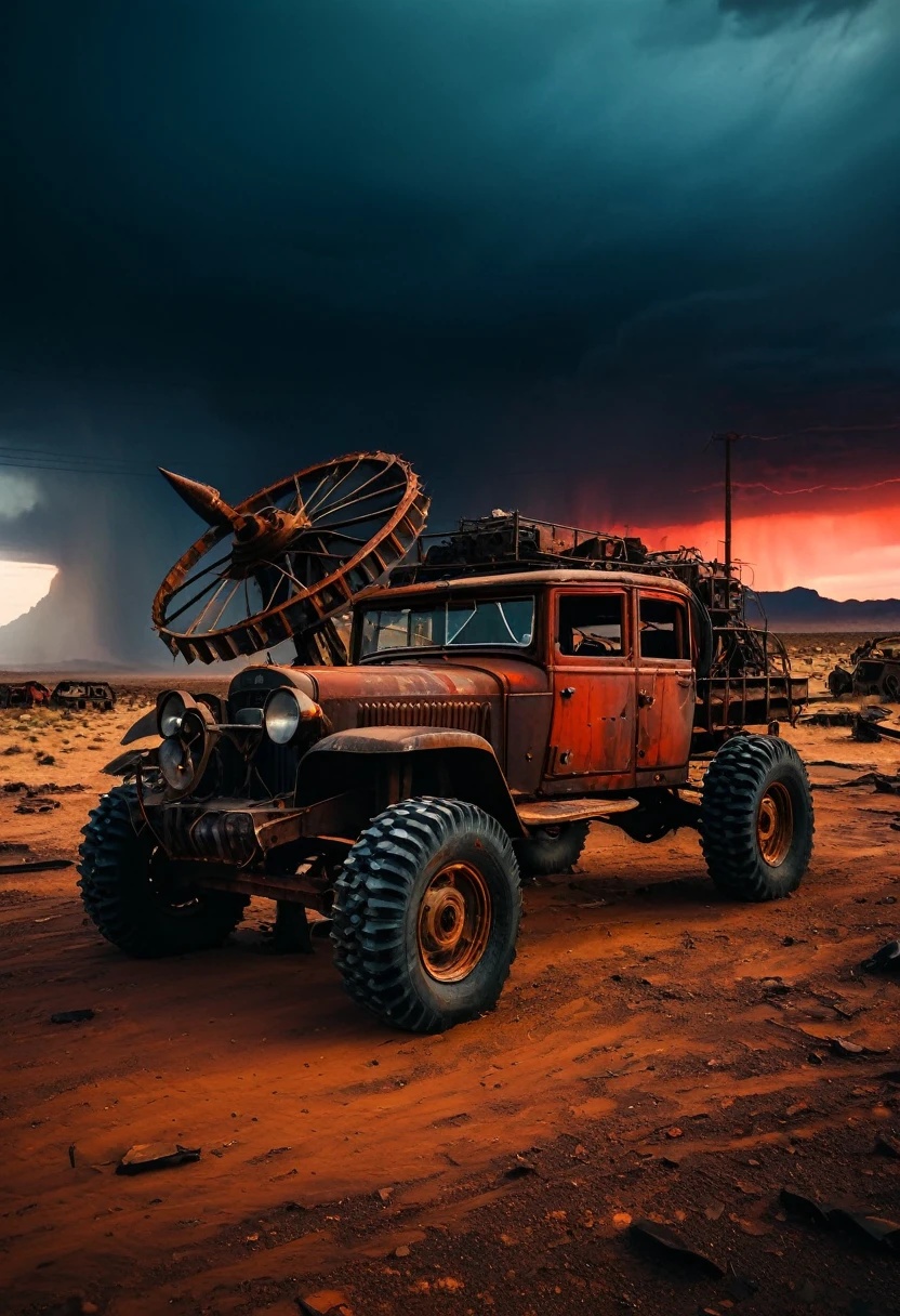 In a post-apocalyptic wasteland, the mind-bending meatloaf entity cyborg stands against a blood-red sky, its form a blend of twisted metal and grotesque flesh, a symbol of technological corruption. The environment is a barren desert, with cracked earth and shattered remnants of civilization scattered around. The atmosphere is suffused with a sense of dread and hopelessness, as if the world itself is on the brink of collapse. The style is a dramatic digital painting, using bo