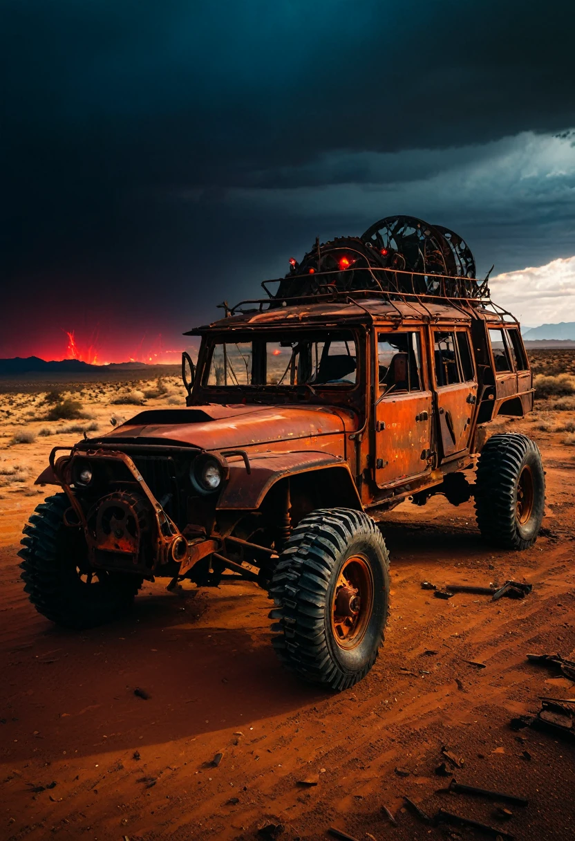 (best high quality:1.5), work of art, (8k), extremely detailed, (High details:1.4), film grain, Fujifilm, 85mm, f/1.8, 8k, highres, uhd, masterpiece, "Create an image of an apocalyptic car in a desolate setting. The car is covered in makeshift armor, with barbed wires and rusty metal plates. Huge wheels with spikes and ominous red lights. The surrounding scenery is arid and full of ruins., with a cloudy and dark sky. Ao fundo, shadows of other vehicles and mysterious figures lurk among the wreckage."