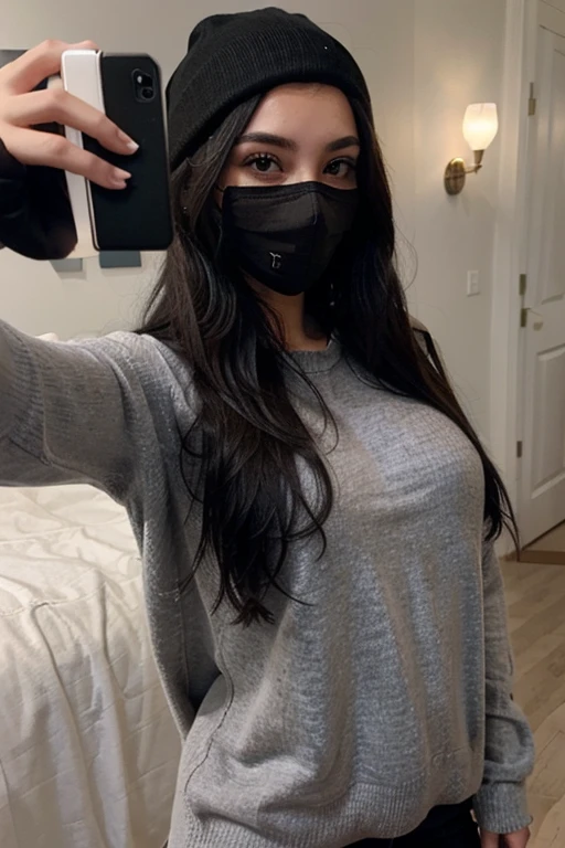 Sexy girl with long black hair taking a selfie in a black mask, a gray sweater and a black cap with a black outline