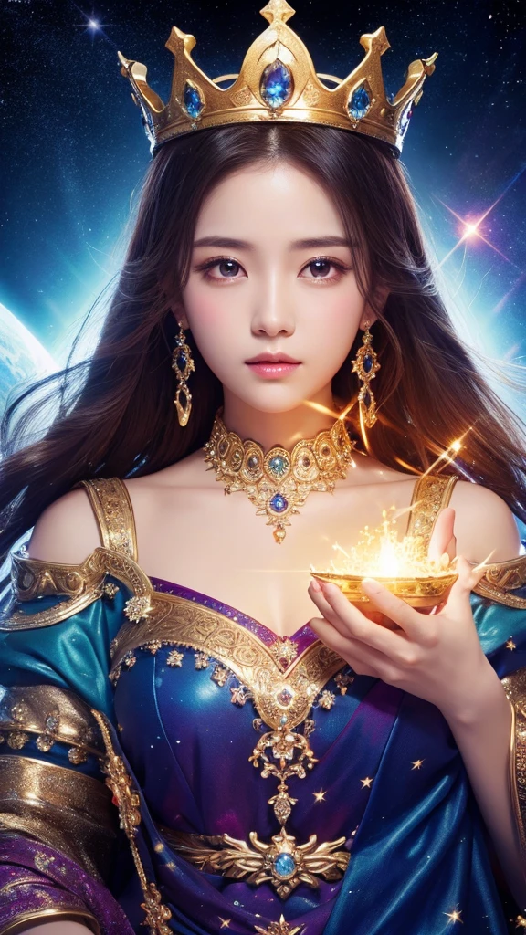 high resolution、gorgeous、goddess、crown、The background is space、shine、front、