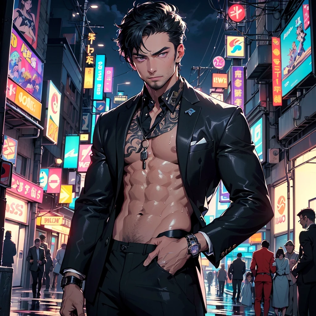 man:1.5,1 man,businessman man,(((1man))),((man with black short hair)),

(((1male,man:1.5,handsome man,male,male gender:1.5,male focus))),macho man,Hero,

((messy hair,short black haircut,detailed black fur,very detailed hair,black fur,colored inner hair)),(((shiny skin:1.5,tanned skin,shiny skin: 1.5,tanned skin,shiny skin,very shiny skin,shiny body,illuminated skin))),(((purple_eyes:1.2))),intricate eyes,beautiful detailed eyes,symmetrical eyes,((man chest)),beautiful face,((muscular)),male jaw,((very short beard)),(((detailed face))),

manly,NSFW,

cyberpunk businessman, ((Business suit:1.5)), futuristic businessman,((bulge in pants)),((striking color suit:1.2)),((wet clothes,intricate costume,intricate clothing,intricate costume)), black suit. white color hair, subtle red eyes.

(dynamic pose:1.0),Focus only,((presumed)),(centered,Scale to fit dimensions,rule of thirds),

cyberpunk city by the ocean at night, with bright neon signs and dark stormy clouds and puddles, scenery:1.25,

High resolution, sharp focus, (ultra detailed, extremely detailed), (photorealistic artwork:1.37),(extremely detailed CG unity 8k wallpaper),((synthwave background theme)),(((vibrant colors))),(intricate background),(masterpiece),(Best Quality),  full body character, whole body 