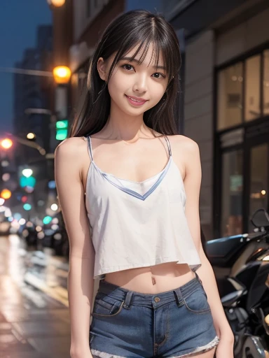 ((top quality, 8k, masterpiece: 1.3, raw photo)), Sharp Focus: 1.2, (1 aespa girl: 1.2), (Realistic, Photorealistic: 1.37), (face focus: 1.1), cute face, small breasts, flat chest, short messy hair, (long button white shirt: 1.1), Beautiful Woman standing Under Street Lamp Light, cinematic lighting, thigh, panties,