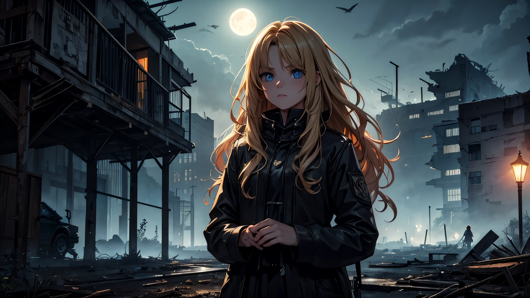 A 16-year-old blonde girl with long wavy hair is playing a black piano in a post-apocalyptic setting. The scene is filled with ruins, and there are no cars present. Tall vegetation is scattered around, but it is not too high. The atmosphere is dark and chaotic, illuminated by moonlight with a dense fog adding to the dramatic ambiance. Her expression is tense, showing fear.