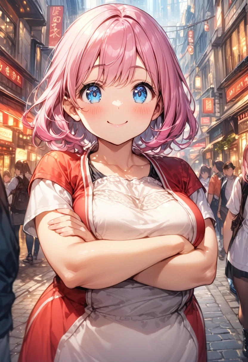 (Highest quality, 4K, 8k, High resolution, masterpiece:1.2), Very detailed, Picturesque, Animated Photography, Photo Animation:1.37)、Japanese、(Pink Hair)、(Pixie Cut)、Downtown at night、Ecstasy face、High neck sleeveless、mini skirt、Torn clothes、Hide your chest、running、Sweat、Are crying、vapor、Open your mouth、Nakano Ichika