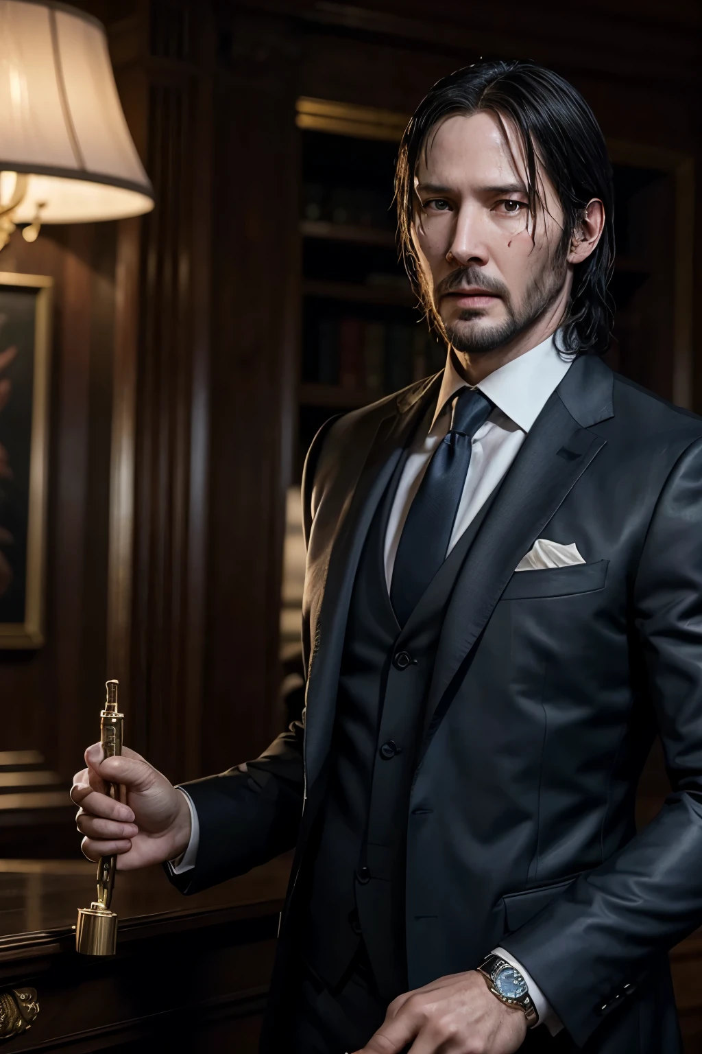 John Wick . big hair down to his shoulderswell-defined features gun in hand navy blue suit rolex watch