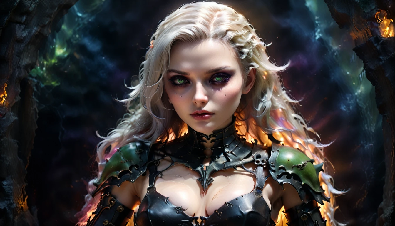 (Cinematic Frame: Realistic, Fine Drawing, Lots of Details) (((ultra realistic))) Photo, masterpiece, top quality, (pale skin), (Ultra detailed face and eyes), 1 girl, Adult, woman, dark fantasy, horror, evil, death, dramatic, lighting, shading, dungeon, ((necromancer, mage, goth, white hair:1'3)) ((detailed face, eyes, cleavage, waist, black gown:1.1)) ((skeleton armor, bone armor, pale skin:1.2)), (Natural breasts). (Soft Lighting), (The play of light and shadows), depth of field, bokeh, (special attention to skin detail: 1.2), Detailed leather texture, detailed skin pores. (Erotic atmosphere of the frame. Color range - midnight black, ox blood red, toxic green and Grape purple tones), UDR, ((Film grain)), ((rays)), (Glare), ((full body portrait:1.2)) , ultra detailed. random00d The composition of this artwork is truly remarkable, (fine lines and delicate pastel tones reminiscent of a watercolor painting:1.1). Every intricate detail is painstakingly captured, showcasing the artist's mastery in creating a hyperdetailed and realistic portrayal. EdobHorrorLandscape, holographic