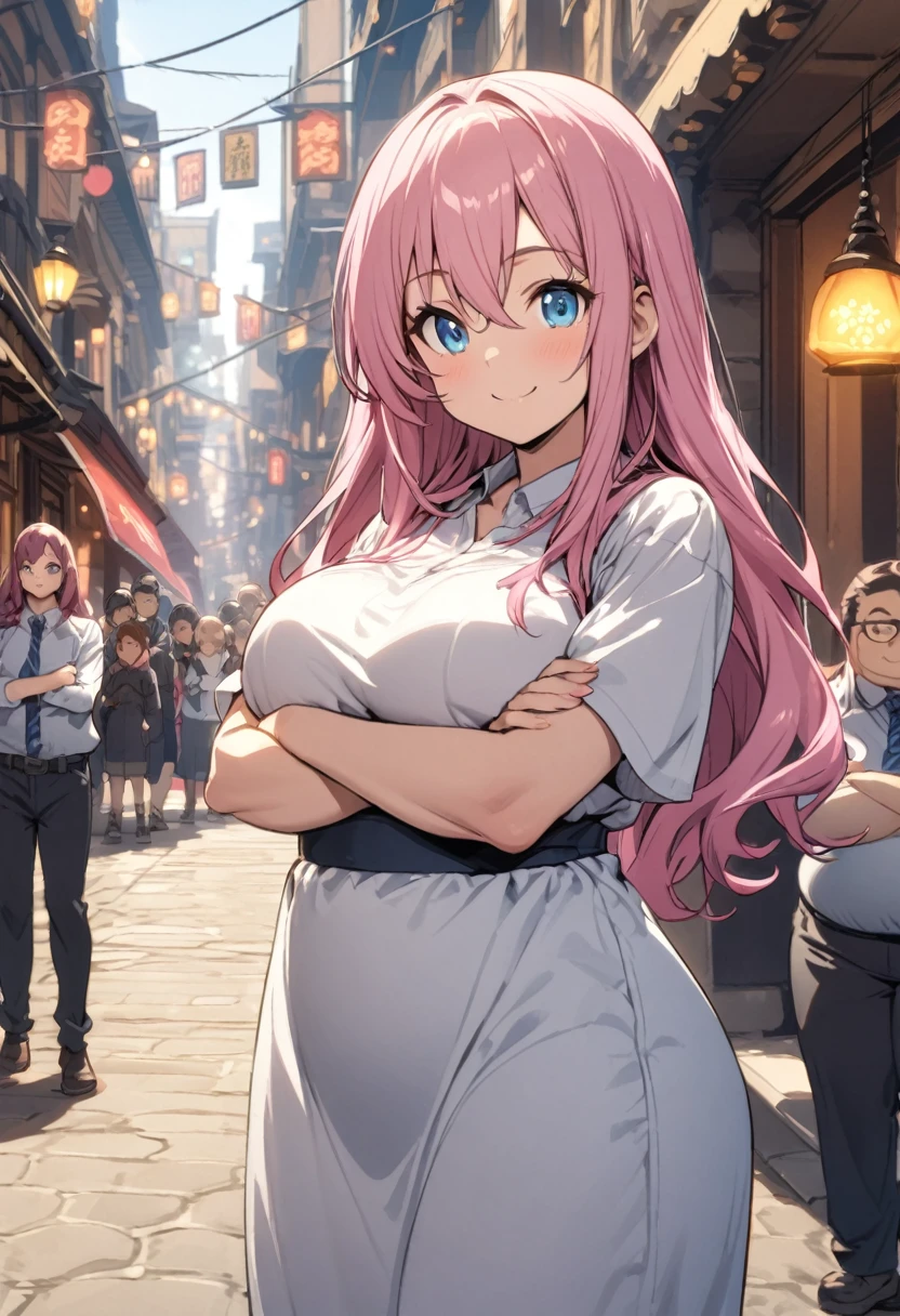 Fat middle-aged、Smiling with arms crossed、Girl with pink hair、blue eyes、bustling street