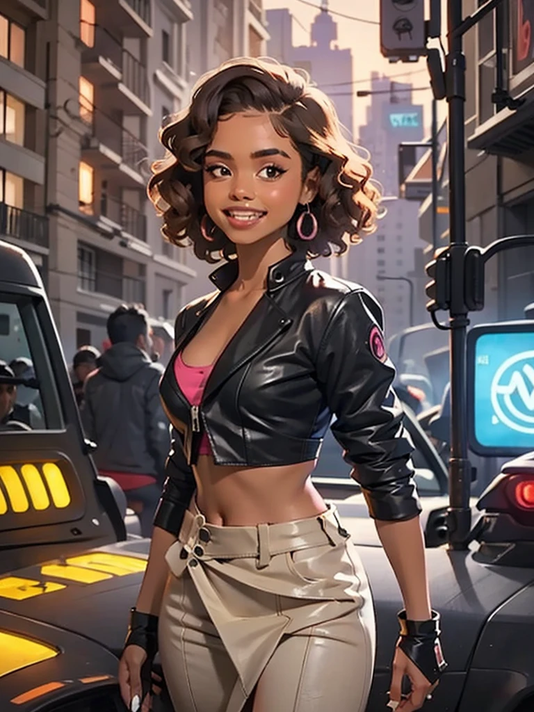 /imagine a cyberpunk warrior, a beautiful black woman, with light brown curly hair, ((her face is like that of the South African singer Tyla)), (she has a slutty smile, a tomboyish smile, beautiful teeth, but the look is sensual and seductive), she has round, small and firm breasts, a very thin waist, thick and toned thighs, she wears leather clothes with neon details, she wields a technological weapon, in the background a futuristic city, in the style of the film Blade Runner 2049