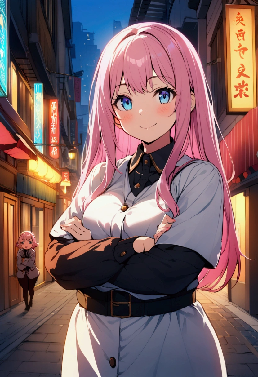 Fat middle-aged、Smiling with arms crossed、Girl with pink hair、blue eyes、bustling street